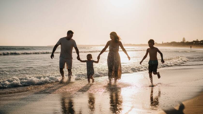 A candid photograph of a family laughing joyfully on the sandy shores of Frankston South beach, capturing their genuine Frankston South candid family photography moments at sunset with dramatic golden light.