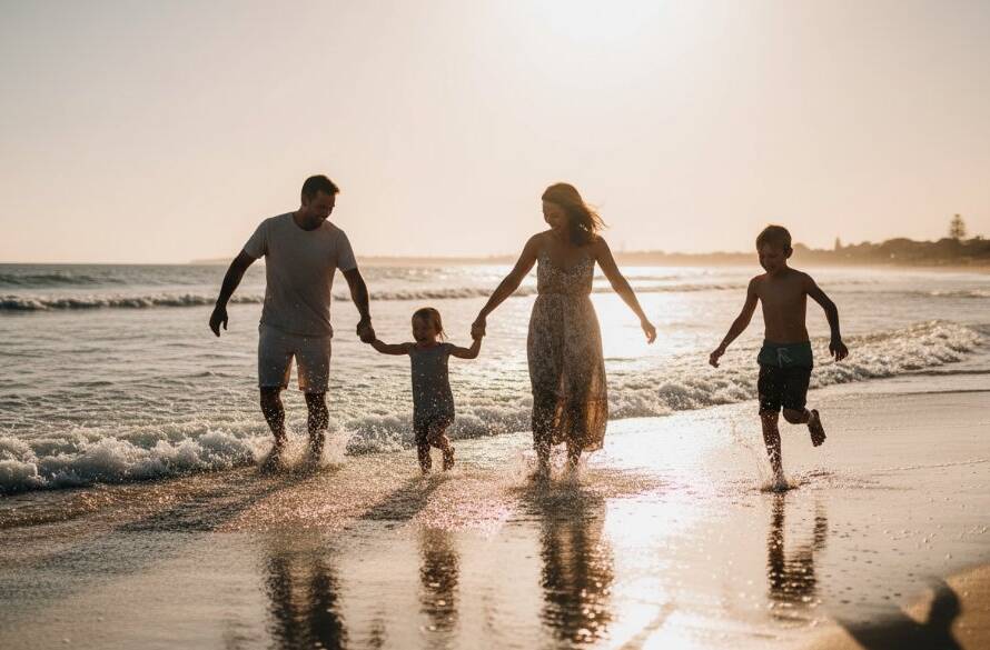A candid photograph of a family laughing joyfully on the sandy shores of Frankston South beach, capturing their genuine Frankston South candid family photography moments at sunset with dramatic golden light.