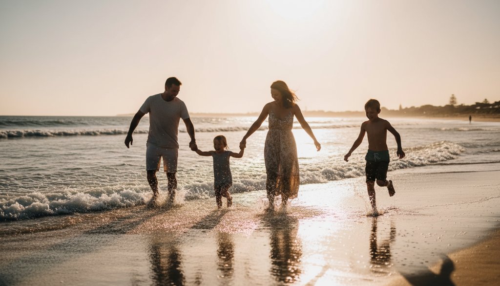 A candid photograph of a family laughing joyfully on the sandy shores of Frankston South beach, capturing their genuine Frankston South candid family photography moments at sunset with dramatic golden light.