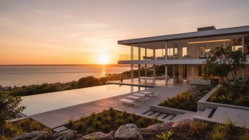 An aerial sunset shot capturing a luxurious coastal home in Frankston South, with the glistening Port Phillip Bay in the background, showcasing Frankston South coastal real estate photography excellence.