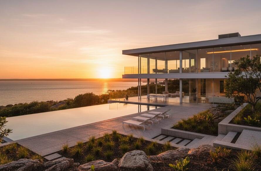 An aerial sunset shot capturing a luxurious coastal home in Frankston South, with the glistening Port Phillip Bay in the background, showcasing Frankston South coastal real estate photography excellence.