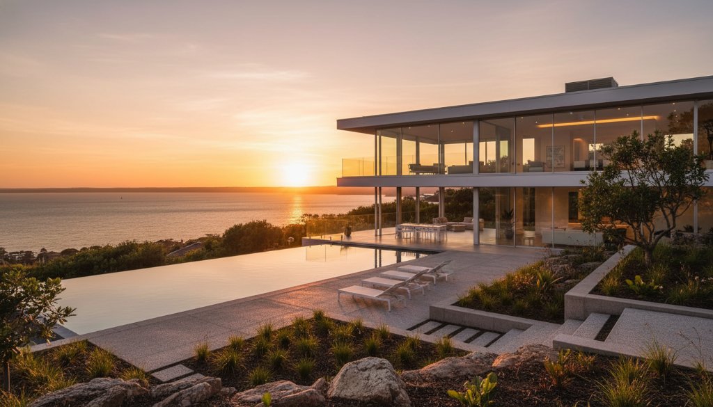 An aerial sunset shot capturing a luxurious coastal home in Frankston South, with the glistening Port Phillip Bay in the background, showcasing Frankston South coastal real estate photography excellence.