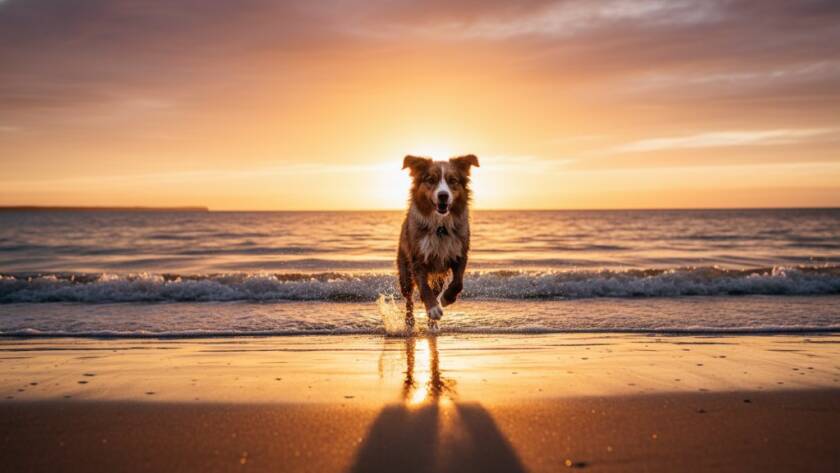A golden retriever joyfully leaping through the shallow waves at Frankston South beach at sunset, an epic moment of pure canine bliss perfectly captured with dramatic golden hour lighting, depicting unforgettable moments.