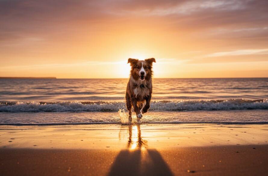 A golden retriever joyfully leaping through the shallow waves at Frankston South beach at sunset, an epic moment of pure canine bliss perfectly captured with dramatic golden hour lighting, depicting unforgettable moments.