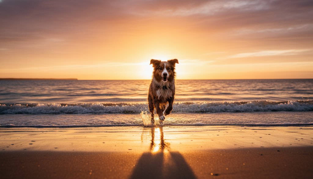 A golden retriever joyfully leaping through the shallow waves at Frankston South beach at sunset, an epic moment of pure canine bliss perfectly captured with dramatic golden hour lighting, depicting unforgettable moments.