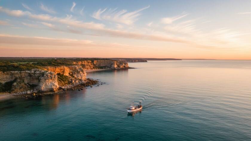 An epic drone photography panoramic view of the Frankston South coastline at sunrise, with golden light illuminating the rugged cliffs and calm turquoise waters of Port Phillip Bay, a lone figure standing on a pristine beach, showcasing the breathtaking beauty and scale of the natural landscape, professionally colour-graded cinematic style.