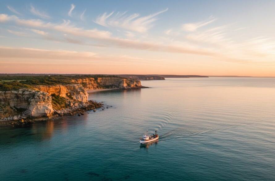 An epic drone photography panoramic view of the Frankston South coastline at sunrise, with golden light illuminating the rugged cliffs and calm turquoise waters of Port Phillip Bay, a lone figure standing on a pristine beach, showcasing the breathtaking beauty and scale of the natural landscape, professionally colour-graded cinematic style.