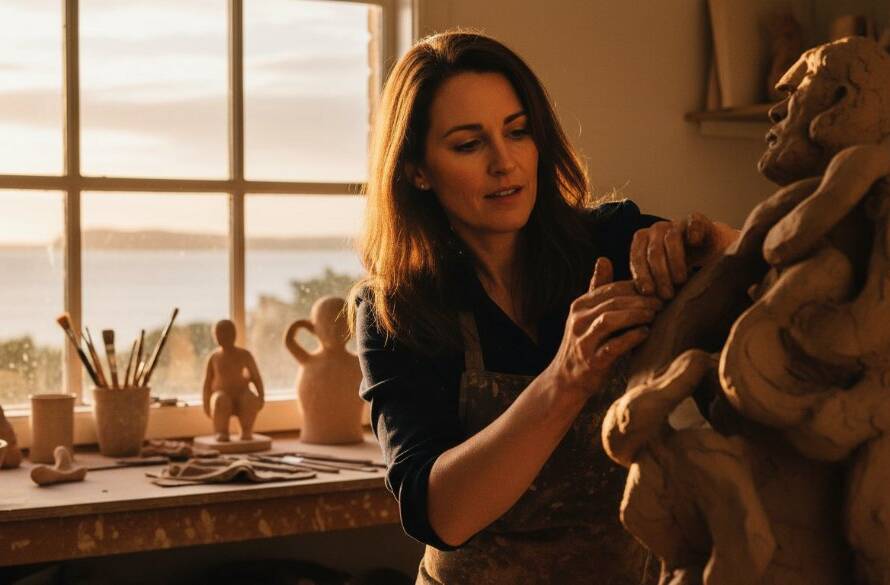 A candid, dramatic editorial photograph capturing a local ceramic artist's passionate work in a sun-drenched Frankston South studio, illustrating compelling local brand stories through Frankston South editorial photography.