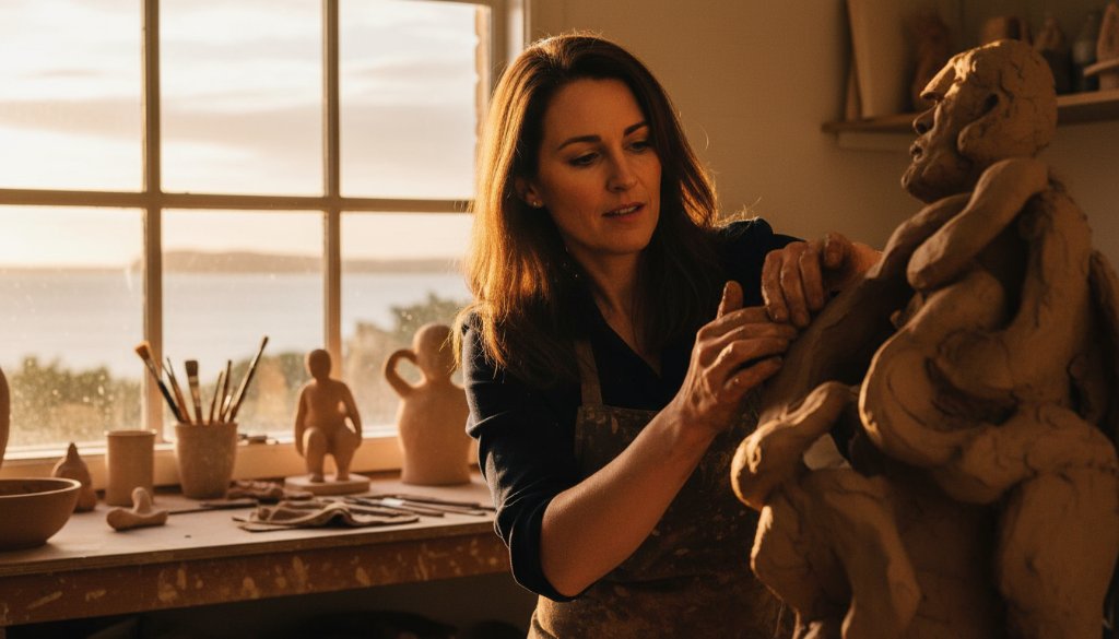 A candid, dramatic editorial photograph capturing a local ceramic artist's passionate work in a sun-drenched Frankston South studio, illustrating compelling local brand stories through Frankston South editorial photography.