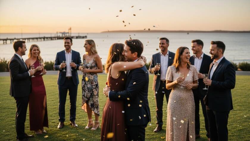 A vibrant and professional event photography for unforgettable moments in Frankston South, capturing a joyous candid shot of guests laughing at a golden hour beachside celebration, with the iconic Frankston Pier in the background, expertly lit and colour graded.