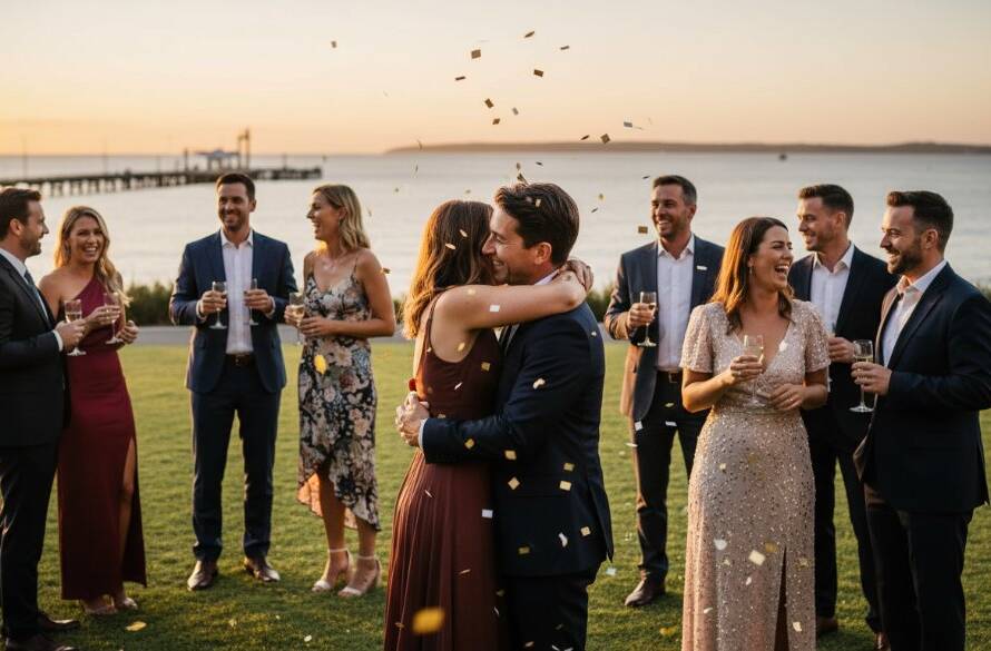 A vibrant and professional event photography for unforgettable moments in Frankston South, capturing a joyous candid shot of guests laughing at a golden hour beachside celebration, with the iconic Frankston Pier in the background, expertly lit and colour graded.