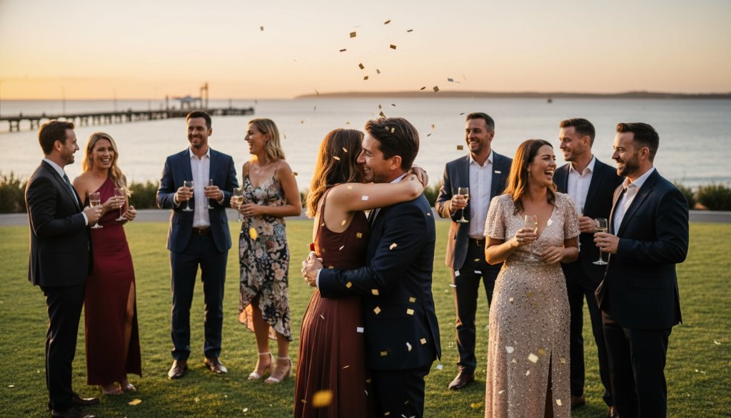A vibrant and professional event photography for unforgettable moments in Frankston South, capturing a joyous candid shot of guests laughing at a golden hour beachside celebration, with the iconic Frankston Pier in the background, expertly lit and colour graded.