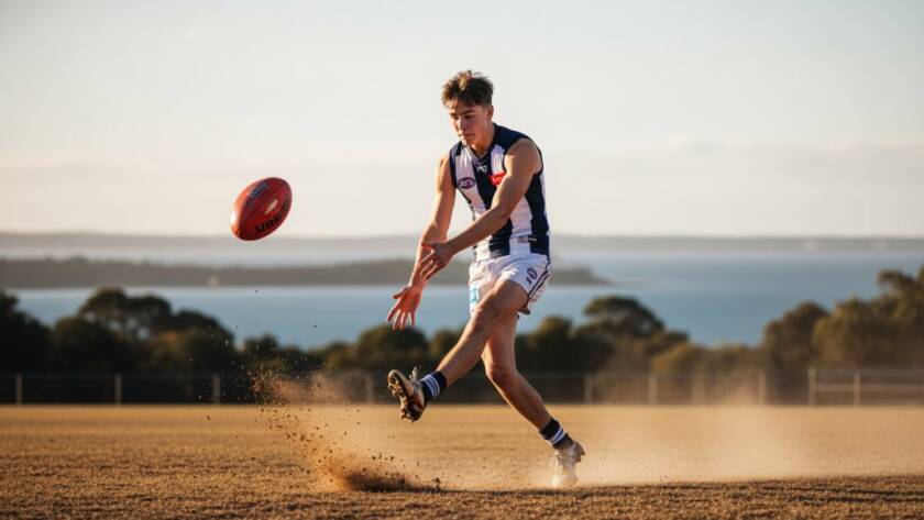 An intense, dynamic photograph capturing a triumphant young athlete mid-action on a sunny Frankston South sports field, embodying Frankston South junior sports photography capturing peak moments with dramatic light.