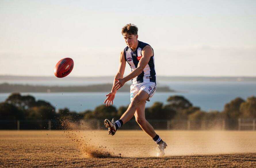 An intense, dynamic photograph capturing a triumphant young athlete mid-action on a sunny Frankston South sports field, embodying Frankston South junior sports photography capturing peak moments with dramatic light.