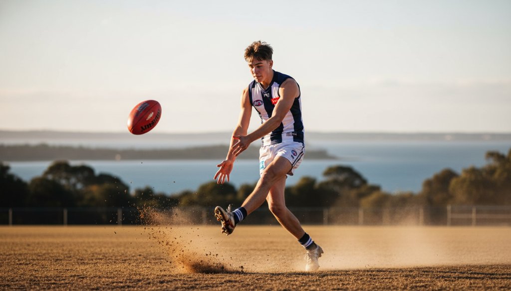 An intense, dynamic photograph capturing a triumphant young athlete mid-action on a sunny Frankston South sports field, embodying Frankston South junior sports photography capturing peak moments with dramatic light.