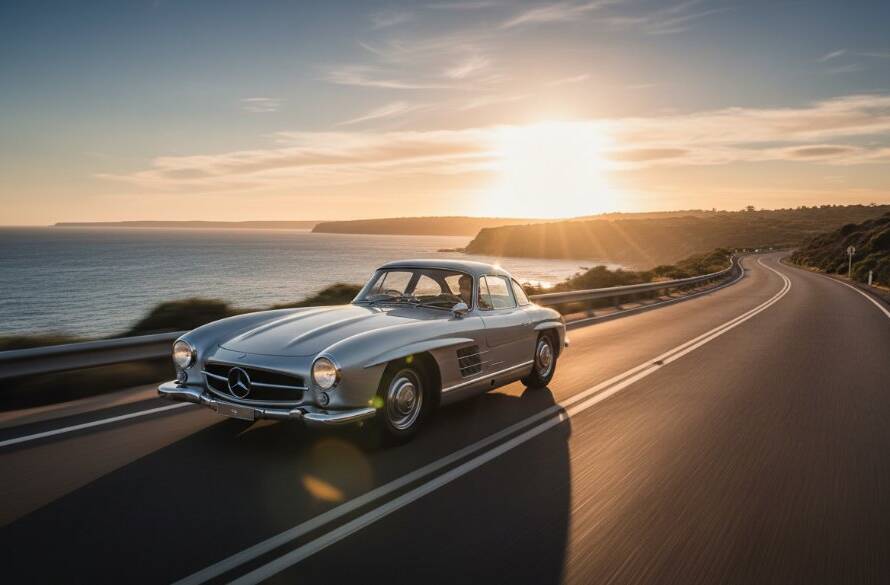 An epic moment captured through Frankston South Luxury Car Photography, featuring a classic, polished silver sports car speeding along a winding coastal road at sunset, with dramatic lens flare and the stunning Victorian coastline in the background.