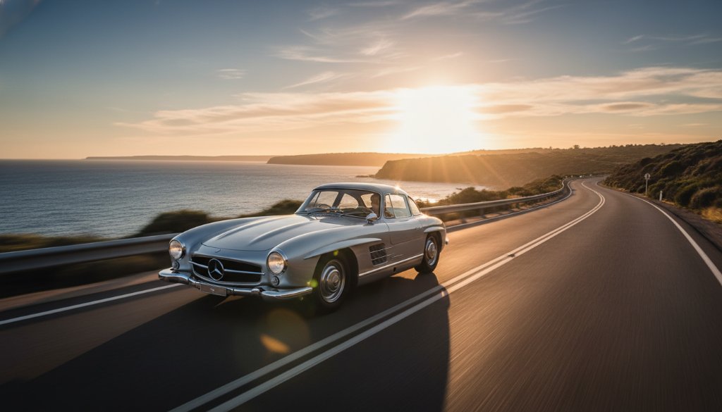 An epic moment captured through Frankston South Luxury Car Photography, featuring a classic, polished silver sports car speeding along a winding coastal road at sunset, with dramatic lens flare and the stunning Victorian coastline in the background.