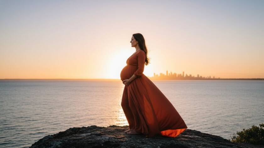 A glowing expectant mother captured during a Frankston South maternity photoshoot coastal glow, silhouetted against a dramatic sunset over Port Phillip Bay, with soft, golden light highlighting her profile and the gentle curve of her baby bump, evoking serene beauty and anticipation.