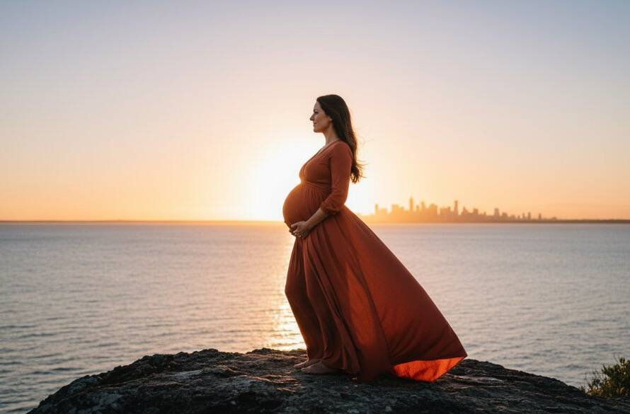 A glowing expectant mother captured during a Frankston South maternity photoshoot coastal glow, silhouetted against a dramatic sunset over Port Phillip Bay, with soft, golden light highlighting her profile and the gentle curve of her baby bump, evoking serene beauty and anticipation.