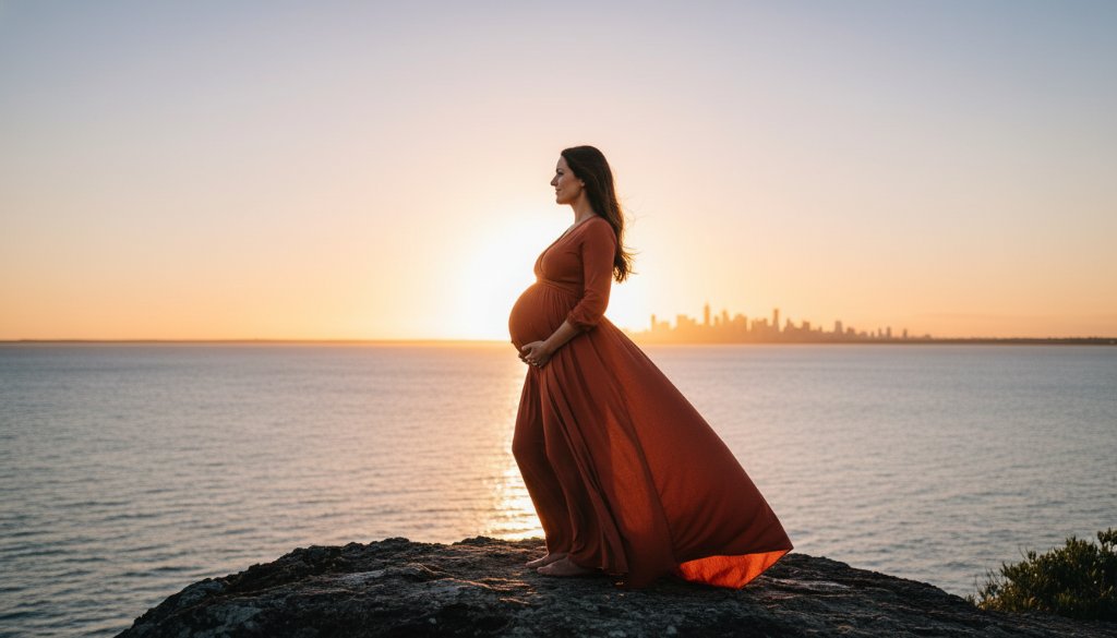 A glowing expectant mother captured during a Frankston South maternity photoshoot coastal glow, silhouetted against a dramatic sunset over Port Phillip Bay, with soft, golden light highlighting her profile and the gentle curve of her baby bump, evoking serene beauty and anticipation.