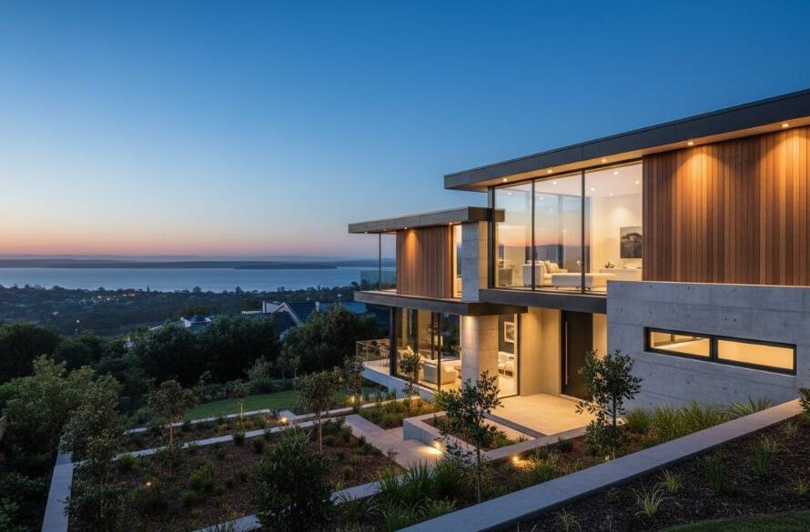 A breathtaking long-exposure photograph showcasing modern residential architecture in Frankston South, Victoria at twilight, with warm interior lights glowing, perfectly illustrating Frankston South modern architectural photography expertise.