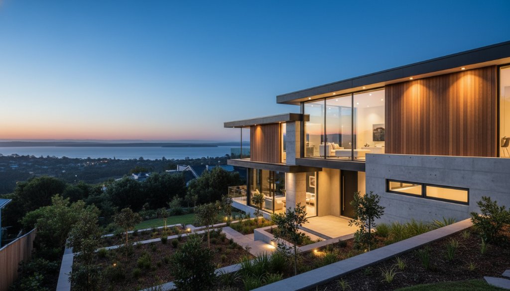 A breathtaking long-exposure photograph showcasing modern residential architecture in Frankston South, Victoria at twilight, with warm interior lights glowing, perfectly illustrating Frankston South modern architectural photography expertise.