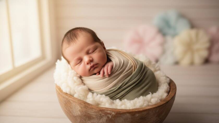 A serene, close-up portrait of a newborn baby peacefully swaddled in soft, natural fibres, bathed in gentle, warm sunlight streaming through a window in a Frankston South home, symbolizing the Frankston South Newborn Photography Heartfelt Memories captured by a professional photographer. The baby's tiny hand is gently resting on its cheek, with shallow depth of field highlighting delicate features, creating an epic moment of pure innocence and tender beginnings.