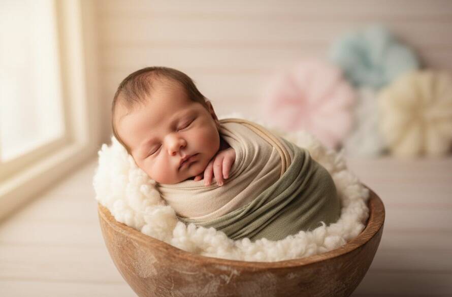 A serene, close-up portrait of a newborn baby peacefully swaddled in soft, natural fibres, bathed in gentle, warm sunlight streaming through a window in a Frankston South home, symbolizing the Frankston South Newborn Photography Heartfelt Memories captured by a professional photographer. The baby's tiny hand is gently resting on its cheek, with shallow depth of field highlighting delicate features, creating an epic moment of pure innocence and tender beginnings.
