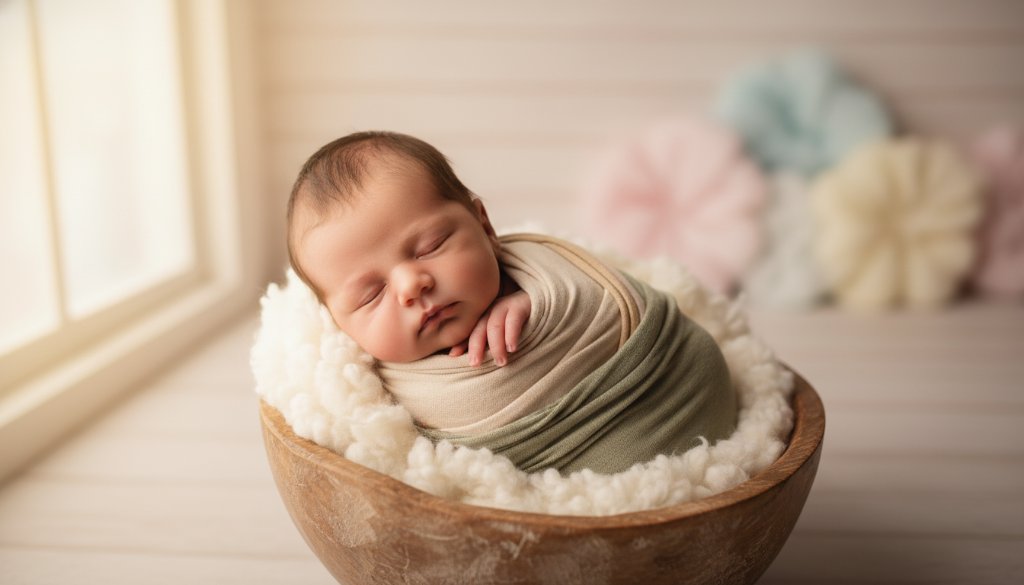 A serene, close-up portrait of a newborn baby peacefully swaddled in soft, natural fibres, bathed in gentle, warm sunlight streaming through a window in a Frankston South home, symbolizing the Frankston South Newborn Photography Heartfelt Memories captured by a professional photographer. The baby's tiny hand is gently resting on its cheek, with shallow depth of field highlighting delicate features, creating an epic moment of pure innocence and tender beginnings.