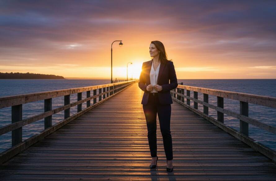 An inspiring Frankston South personal branding photography shot, featuring a dynamic entrepreneur confidently overlooking Port Phillip Bay at sunset, bathed in golden light, symbolizing growth and vision.