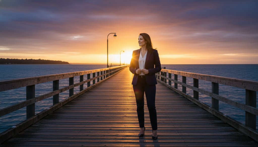An inspiring Frankston South personal branding photography shot, featuring a dynamic entrepreneur confidently overlooking Port Phillip Bay at sunset, bathed in golden light, symbolizing growth and vision.