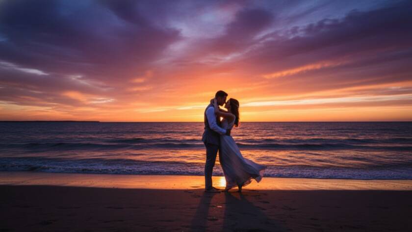 An epic moment captured during Frankston South pre-wedding photoshoots by the Bay, featuring a couple embracing dramatically against a sunset sky over Port Phillip Bay, with soft, golden light highlighting their silhouettes and the serene water.