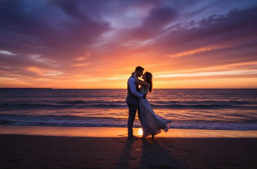 An epic moment captured during Frankston South pre-wedding photoshoots by the Bay, featuring a couple embracing dramatically against a sunset sky over Port Phillip Bay, with soft, golden light highlighting their silhouettes and the serene water.
