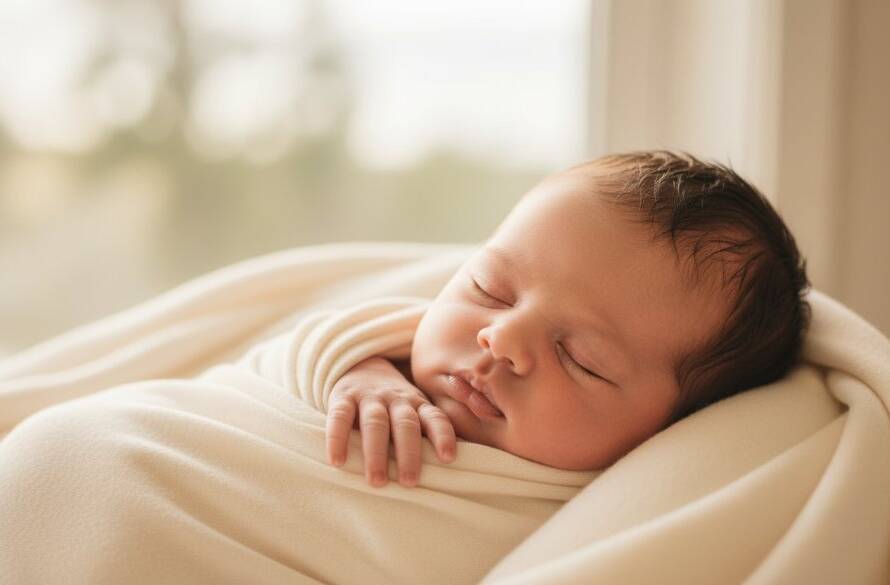 A heartwarming, professional photograph of a baby asleep wrapped in a soft blanket, gently held by parents' hands, bathed in soft golden hour light, capturing the essence of Frankston South timeless newborn photography sessions.