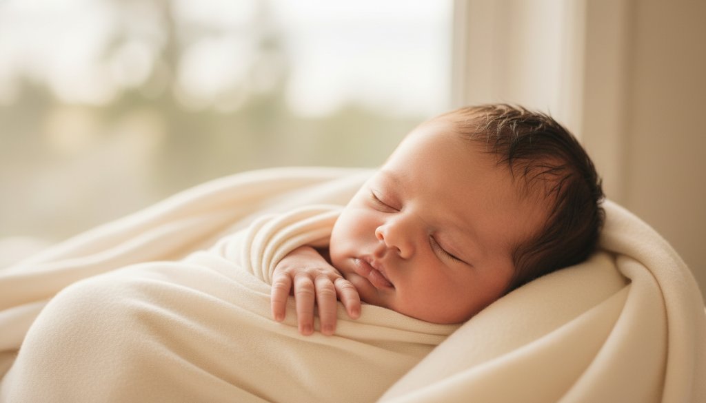 A heartwarming, professional photograph of a baby asleep wrapped in a soft blanket, gently held by parents' hands, bathed in soft golden hour light, capturing the essence of Frankston South timeless newborn photography sessions.