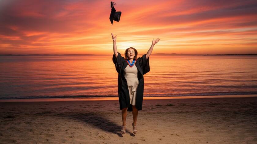 A jubilant graduate in Frankston South enjoying their unique graduation photoshoot, tossing their cap against a dramatic sunset sky over Port Phillip Bay, celebrating their academic achievement with vibrant energy and a professional, color-graded finish.
