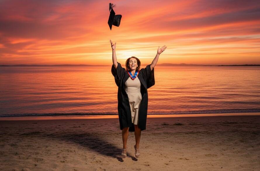 A jubilant graduate in Frankston South enjoying their unique graduation photoshoot, tossing their cap against a dramatic sunset sky over Port Phillip Bay, celebrating their academic achievement with vibrant energy and a professional, color-graded finish.
