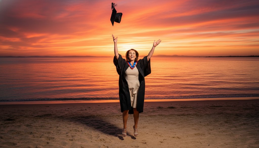 A jubilant graduate in Frankston South enjoying their unique graduation photoshoot, tossing their cap against a dramatic sunset sky over Port Phillip Bay, celebrating their academic achievement with vibrant energy and a professional, color-graded finish.