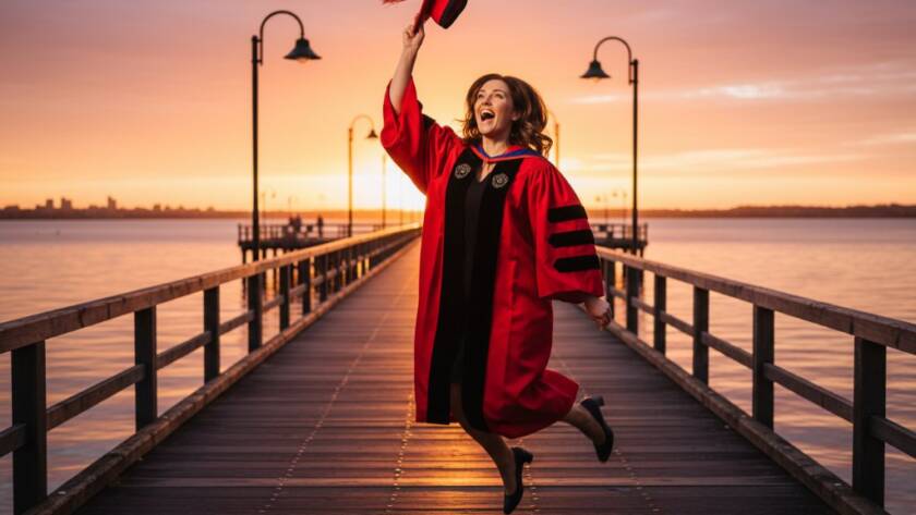 A joyous graduate in cap and gown, framed against a sunlit Frankston Waterfront pier, holding their degree aloft in an epic moment of triumph during their Frankston Victoria Graduation Photography session.