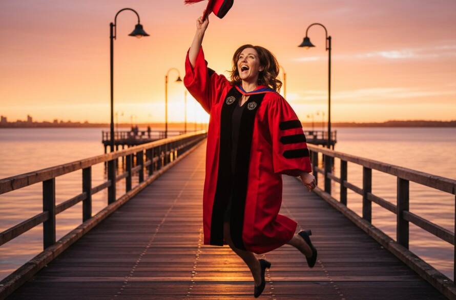 A joyous graduate in cap and gown, framed against a sunlit Frankston Waterfront pier, holding their degree aloft in an epic moment of triumph during their Frankston Victoria Graduation Photography session.