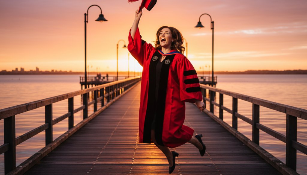 A joyous graduate in cap and gown, framed against a sunlit Frankston Waterfront pier, holding their degree aloft in an epic moment of triumph during their Frankston Victoria Graduation Photography session.