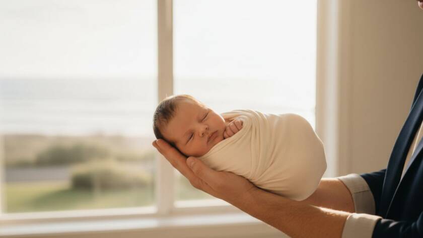 A serene and emotionally charged photograph capturing Frankston Victoria newborn photography best moments, featuring a peacefully sleeping baby swaddled in soft, earthy tones, held gently by a parent's hands, bathed in a warm, ethereal glow from a window overlooking Frankston's peaceful coastline at sunrise, evoking a sense of tender new beginnings and pure love.