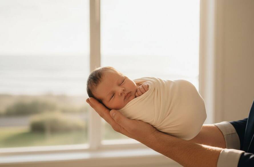 A serene and emotionally charged photograph capturing Frankston Victoria newborn photography best moments, featuring a peacefully sleeping baby swaddled in soft, earthy tones, held gently by a parent's hands, bathed in a warm, ethereal glow from a window overlooking Frankston's peaceful coastline at sunrise, evoking a sense of tender new beginnings and pure love.