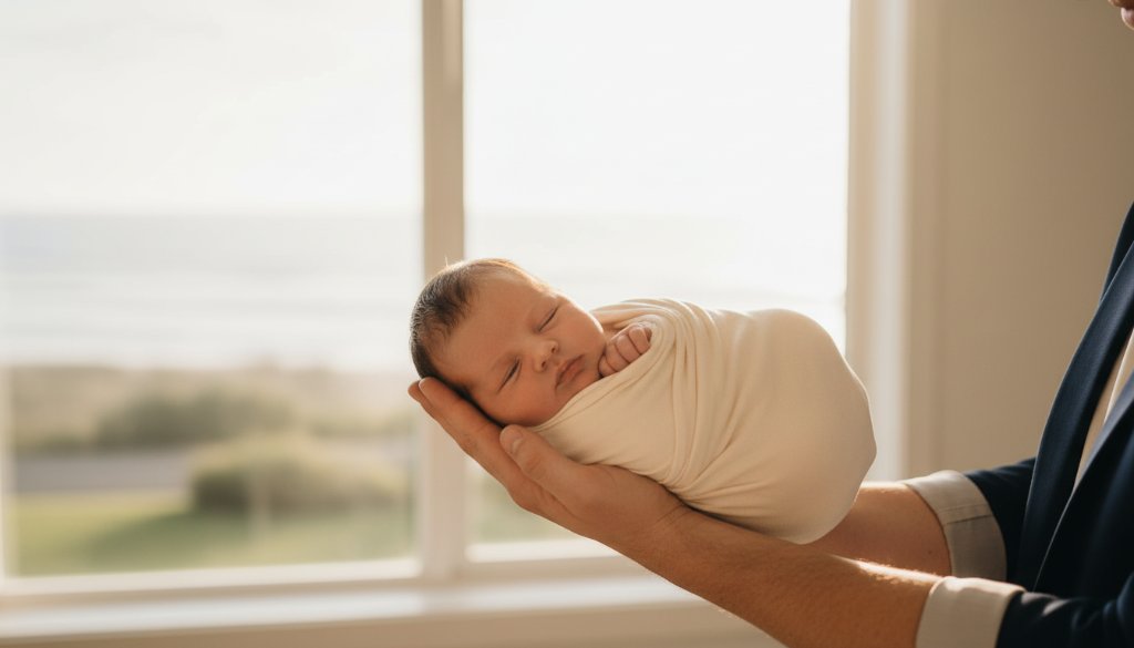 A serene and emotionally charged photograph capturing Frankston Victoria newborn photography best moments, featuring a peacefully sleeping baby swaddled in soft, earthy tones, held gently by a parent's hands, bathed in a warm, ethereal glow from a window overlooking Frankston's peaceful coastline at sunrise, evoking a sense of tender new beginnings and pure love.