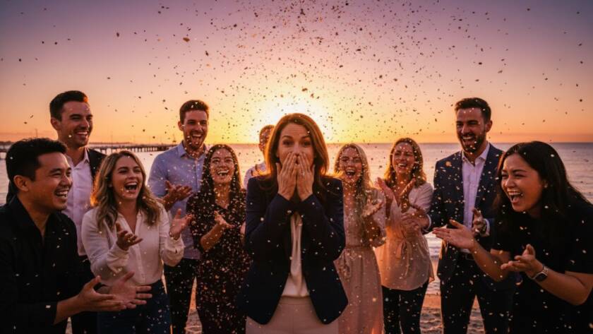 A joyful group celebrating a milestone birthday by the Frankston waterfront, captured by a professional Frankston waterfront birthday party photographer, with golden hour light silhouetting laughing guests against Port Phillip Bay.
