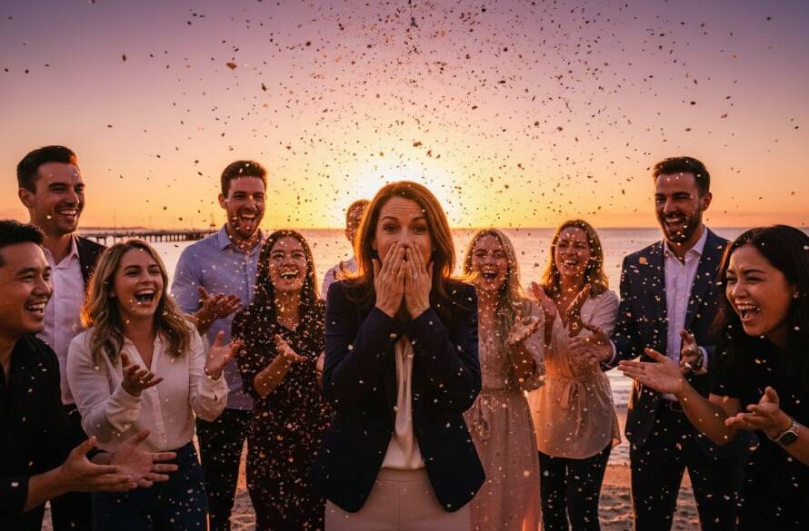 A joyful group celebrating a milestone birthday by the Frankston waterfront, captured by a professional Frankston waterfront birthday party photographer, with golden hour light silhouetting laughing guests against Port Phillip Bay.