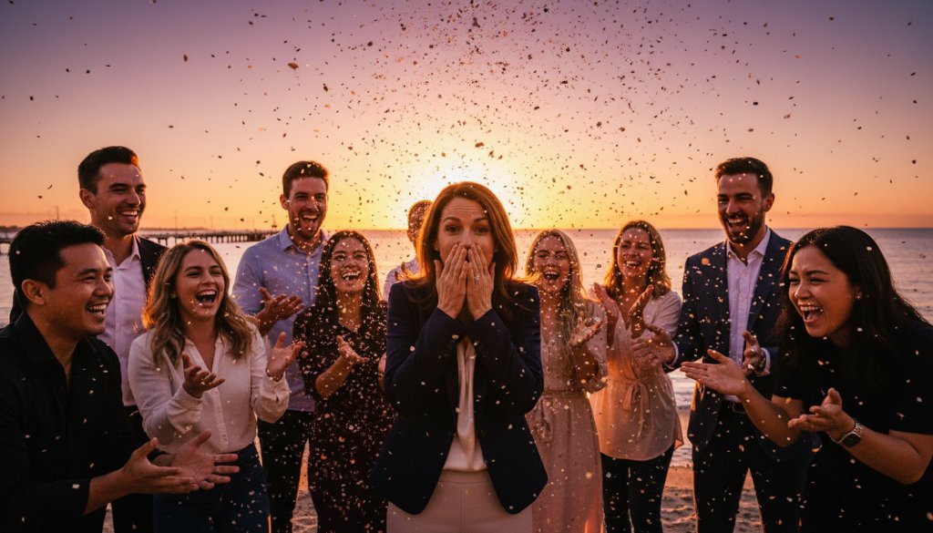 A joyful group celebrating a milestone birthday by the Frankston waterfront, captured by a professional Frankston waterfront birthday party photographer, with golden hour light silhouetting laughing guests against Port Phillip Bay.