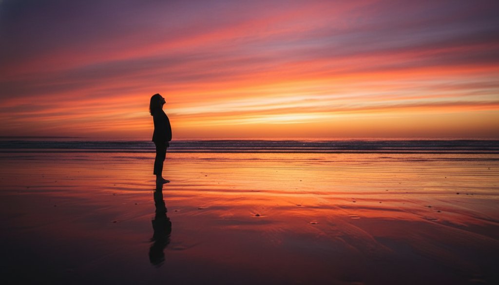 An awe-inspiring wide-angle shot of a lone figure silhouetted against a dramatic Frankston sunset, capturing the essence of Frankston's coastal fine art photography for stunning visuals, with vibrant orange and purple hues reflecting on the wet sand and gentle waves.