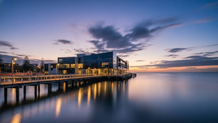 Dramatic long exposure shot capturing Frankston's modern coastal architecture photography at twilight, with the pier lights reflecting on the water and a sleek, contemporary building facade illuminated against a deep blue sky, conveying an epic sense of urban elegance.