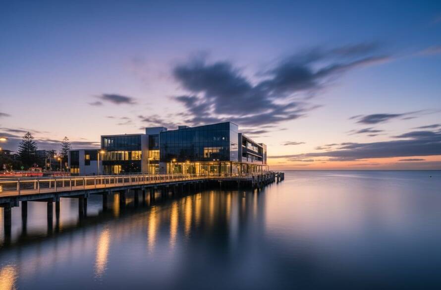 Dramatic long exposure shot capturing Frankston's modern coastal architecture photography at twilight, with the pier lights reflecting on the water and a sleek, contemporary building facade illuminated against a deep blue sky, conveying an epic sense of urban elegance.